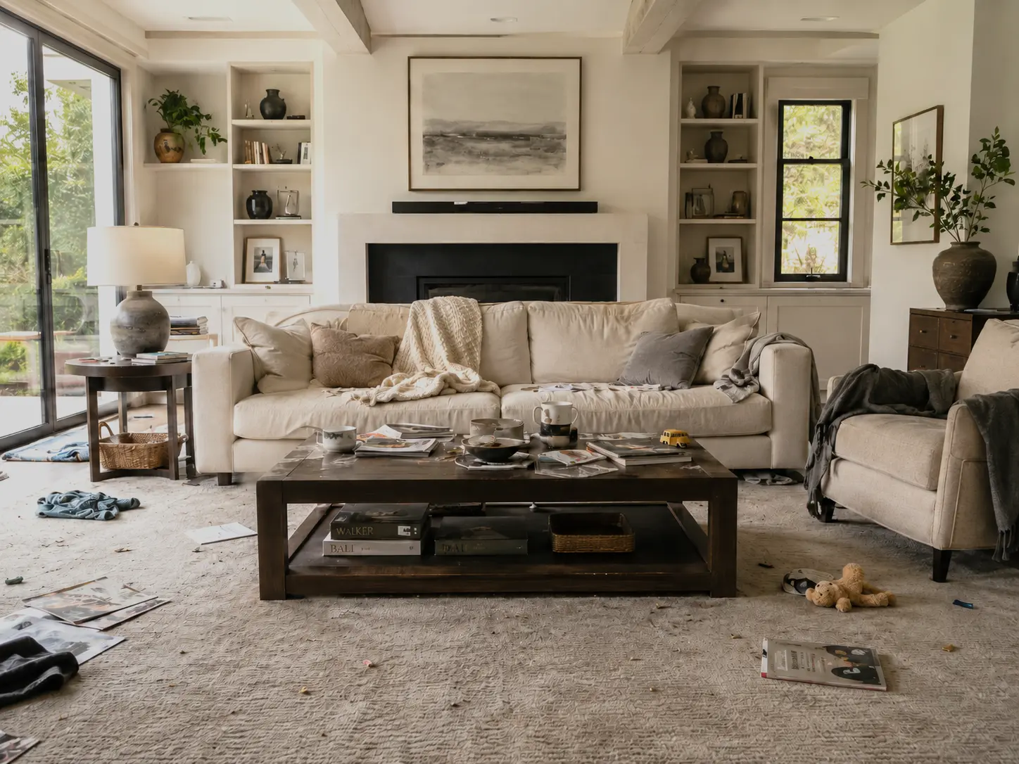 Uncleaned living room with clutter and debris before professional cleaning